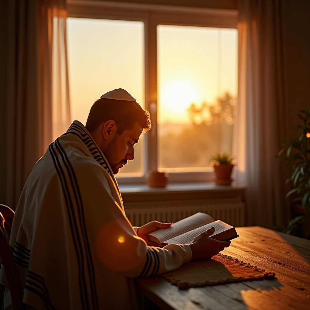 Person wrapped in tallit praying at sunrise in a peaceful home setting with prayer book open on wooden table, soft morning light streaming through window creating serene atmosphere